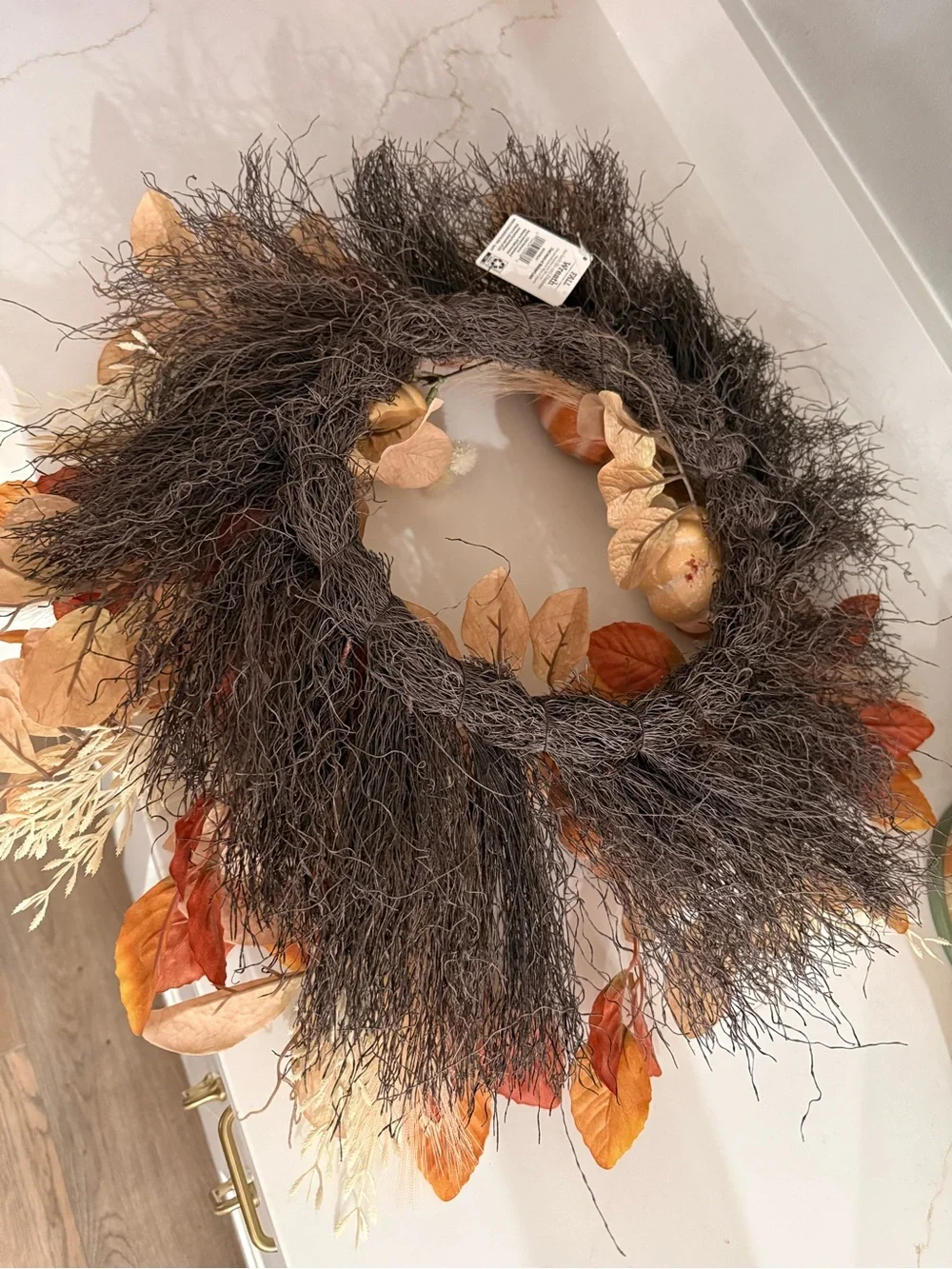 Set of 2 Autumn Harvest Pumpkin Wreath & Cross Decor in Orange & Beige